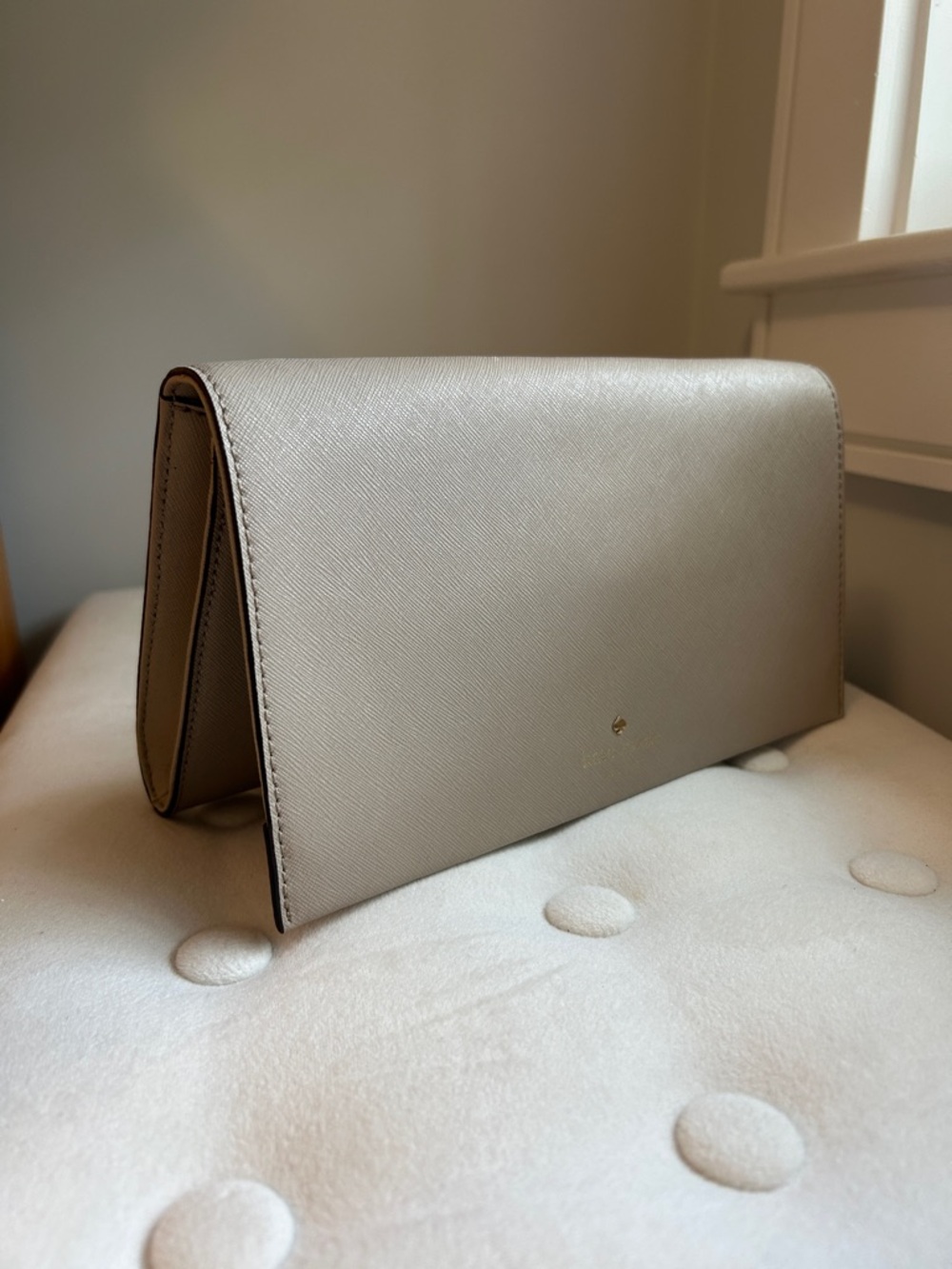 Women's Kate Spade Neutral Saffiano Leather Clutch - Cream, with shoulder strap